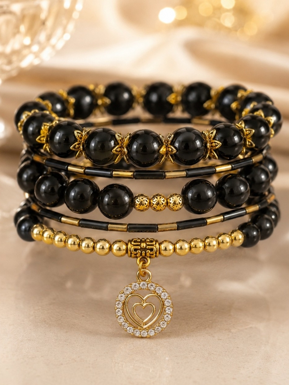 Golden Heart Beaded Glam Wrap Bracelet